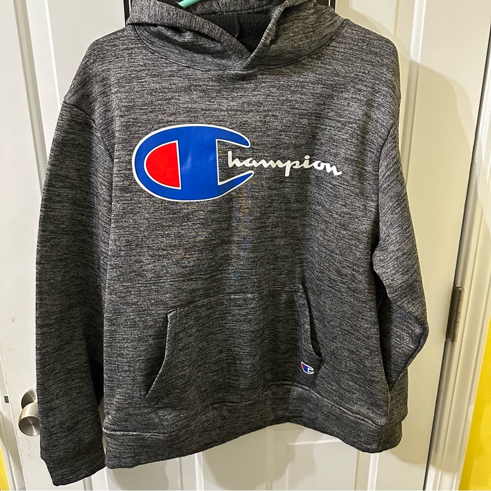 Champion Gray Hoodie with Blue and‎ Red Logo